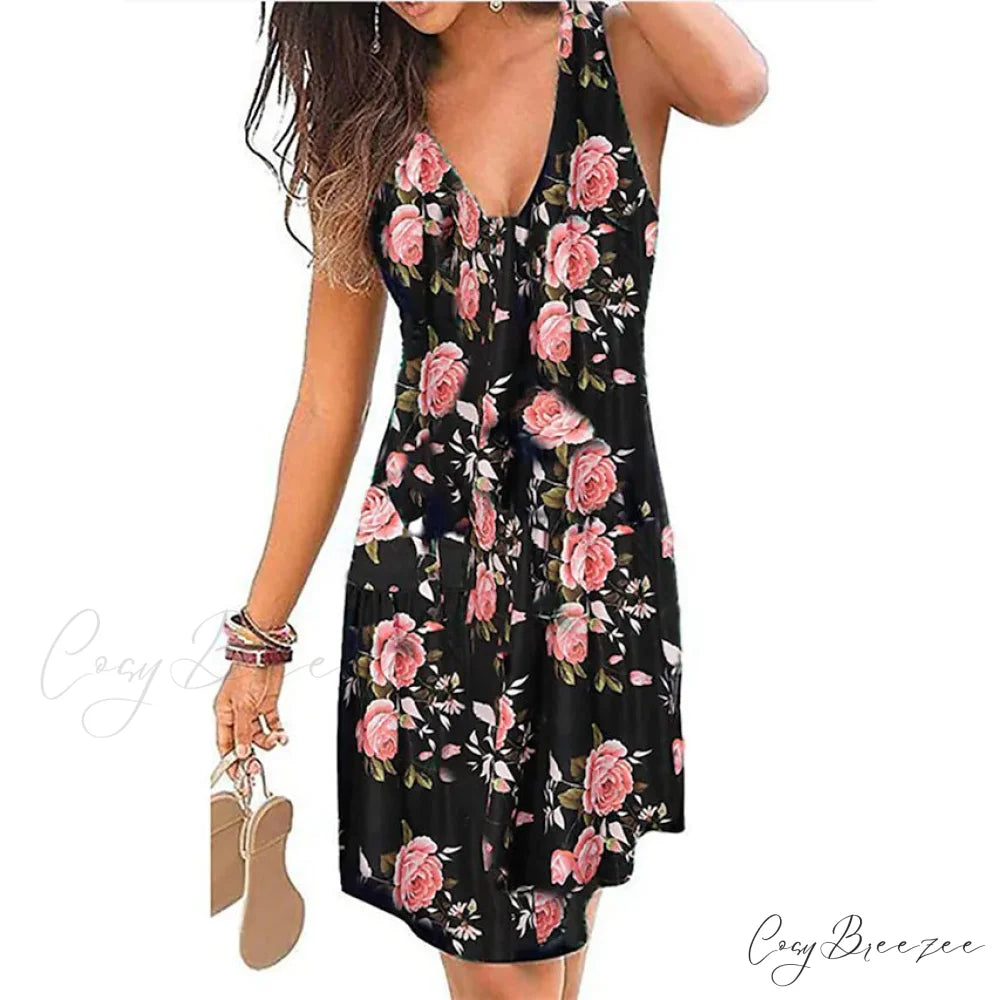 V-Neck A-Line Knee Length Skirt for Women Black Rose / S
