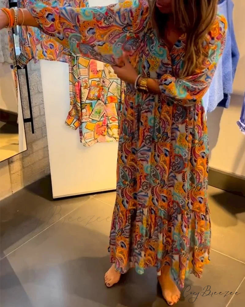 V neck A-Line Maxi Dress Multicolor / S