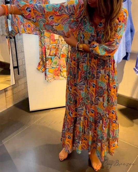 V neck A-Line Maxi Dress Multicolor / S