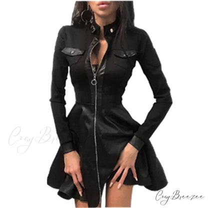 V-Neck Arm Lace Leather Gown Mini Party Warm-Season 5XL Plus PU Faux Size Zipper Dress Black sleeve / S