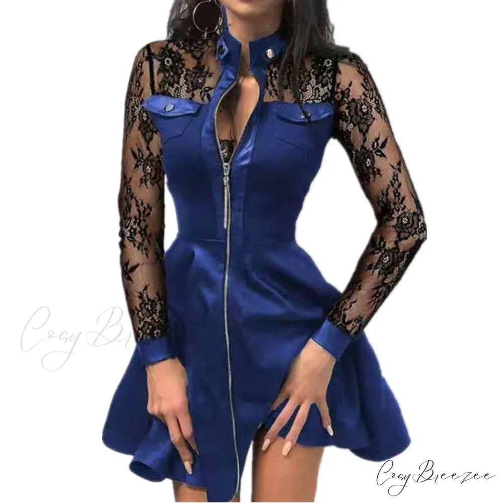 V-Neck Arm Lace Leather Gown Mini Party Warm-Season 5XL Plus PU Faux Size Zipper Dress Blue / S