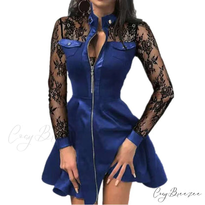 V-Neck Arm Lace Leather Gown Mini Party Warm-Season 5XL Plus PU Faux Size Zipper Dress Blue / S