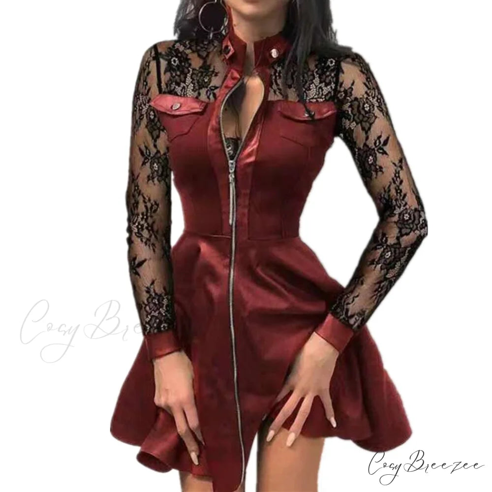 V-Neck Arm Lace Leather Gown Mini Party Warm-Season 5XL Plus PU Faux Size Zipper Dress Claret / S