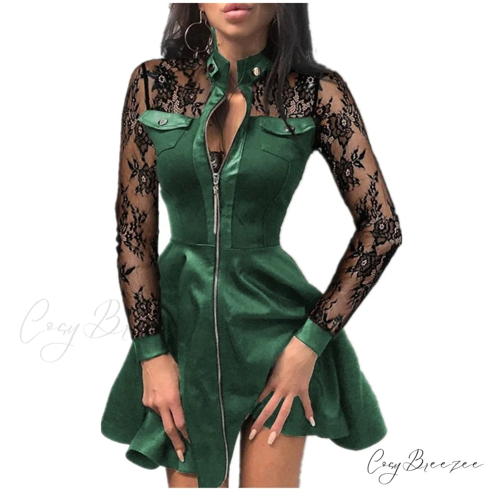 V-Neck Arm Lace Leather Gown Mini Party Warm-Season 5XL Plus PU Faux Size Zipper Dress Green / S