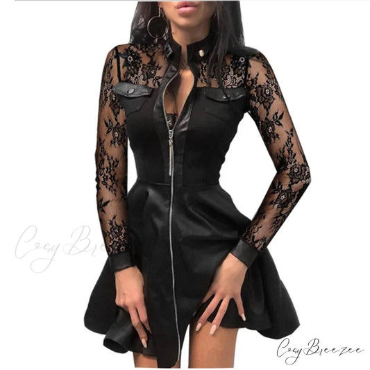 V-Neck Arm Lace Leather Gown Mini Party Warm-Season 5XL Plus PU Faux Size Zipper Dress Lace sleeve / S