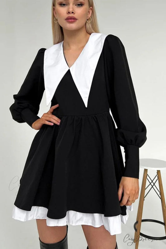 V Neck Babydoll Dress in Solid Color Black / S