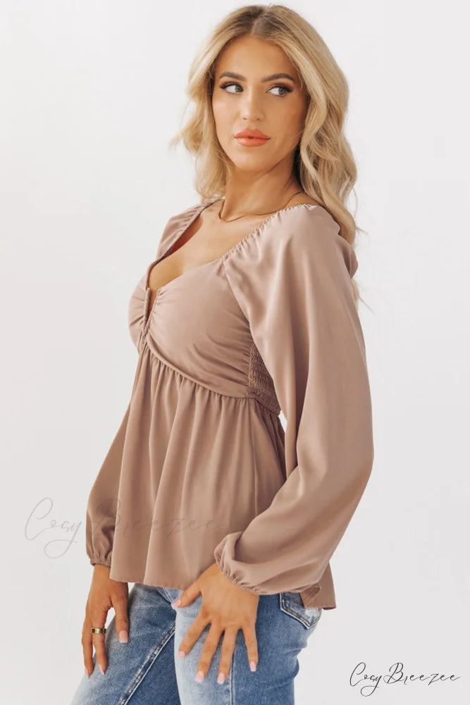 V-Neck Back Smocked Peplum Blouse in Orange