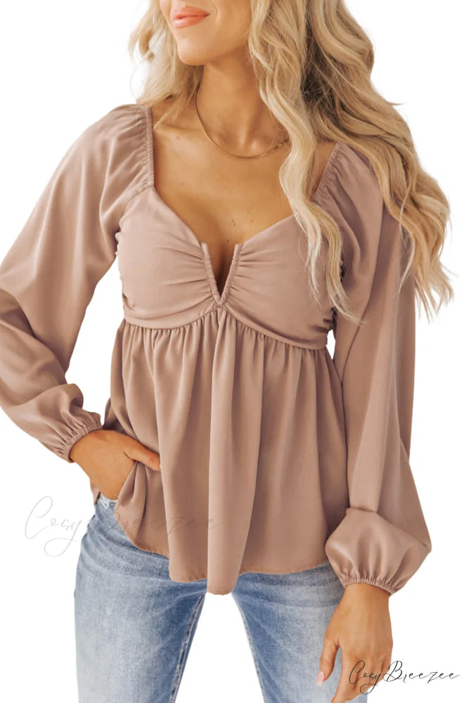 V-Neck Back Smocked Peplum Blouse in Orange