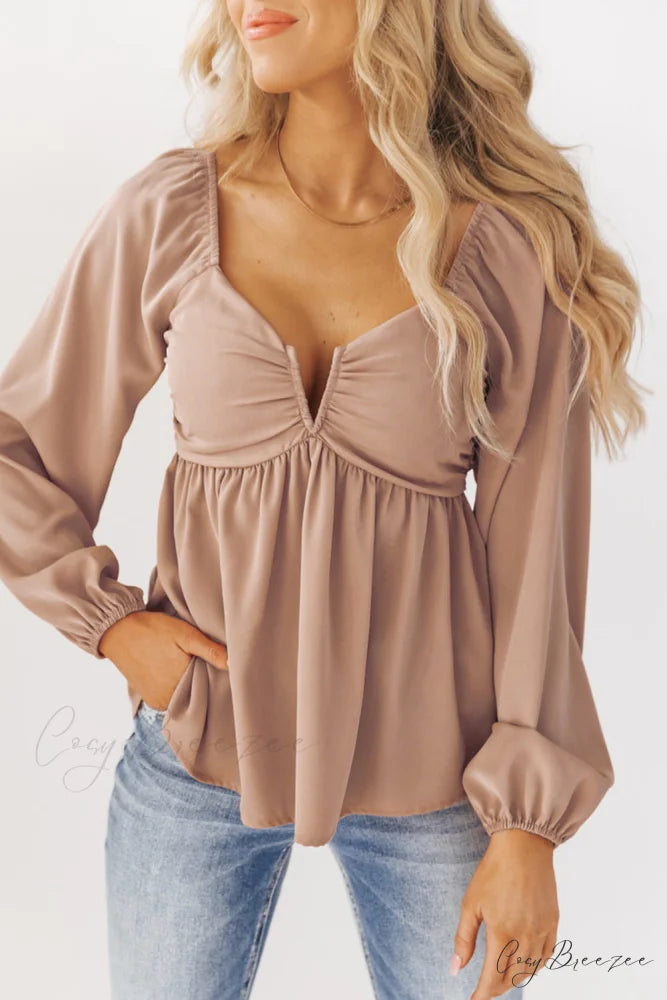 V-Neck Back Smocked Peplum Blouse in Orange