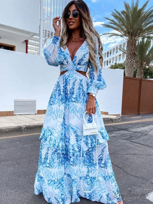 V-Neck Backless Hollow Out Lantern Sleeve Maxi Dress S / BLUE