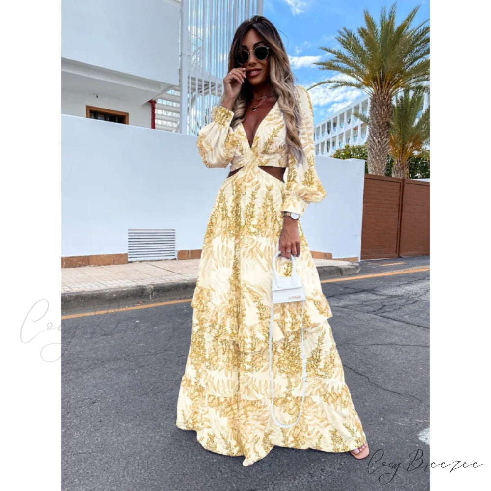 V-Neck Backless Hollow Out Lantern Sleeve Maxi Dress S / YELLOW