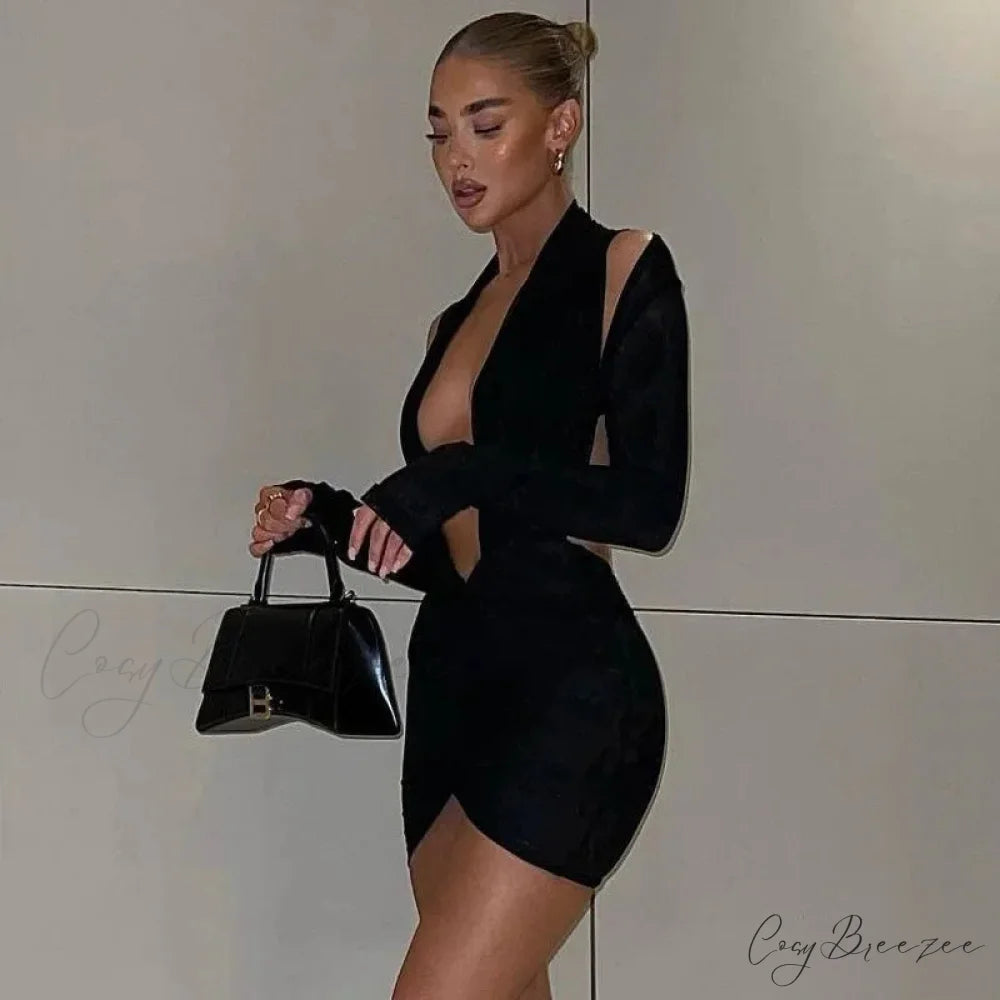 V Neck Black Backless Long Sleeve Mini Dress