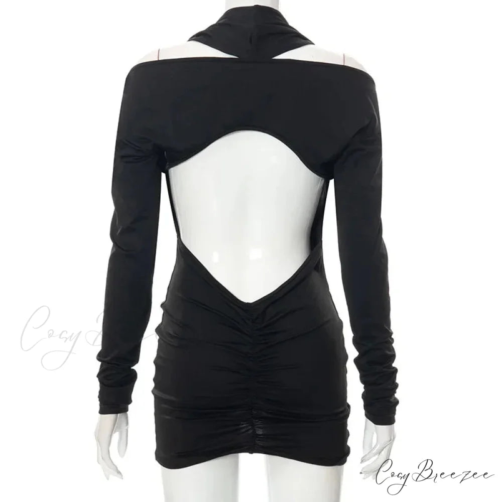 V Neck Black Backless Long Sleeve Mini Dress