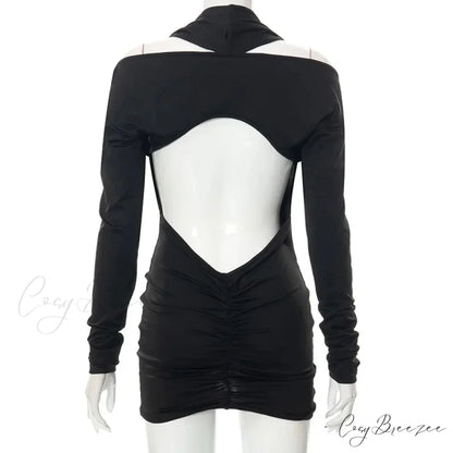 V Neck Black Backless Long Sleeve Mini Dress