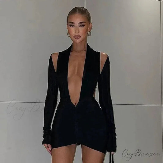 V Neck Black Backless Long Sleeve Mini Dress Black / S