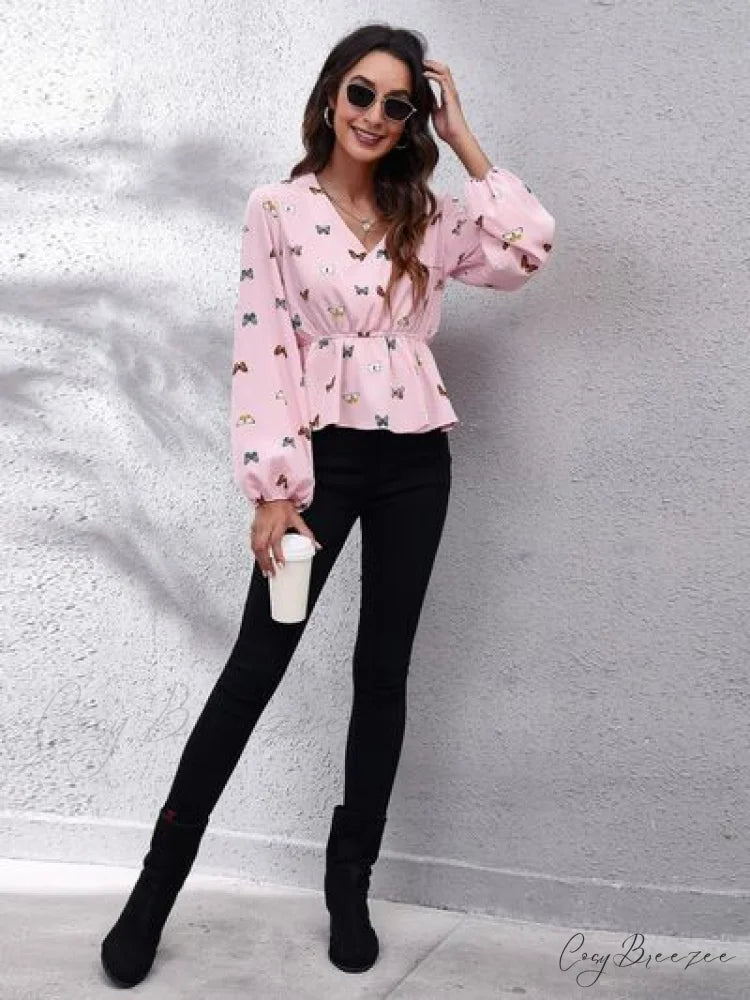 V-Neck Blouse Peplum with Balloon Butterfly Sleeves