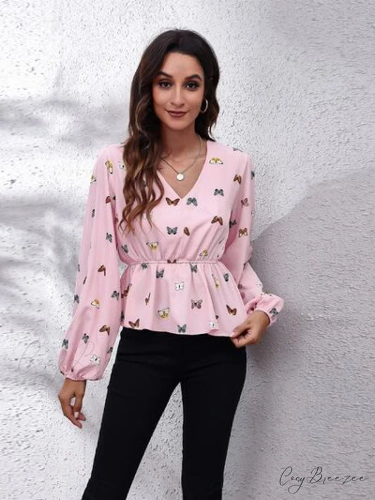 V-Neck Blouse Peplum with Balloon Butterfly Sleeves Blush Pink / S