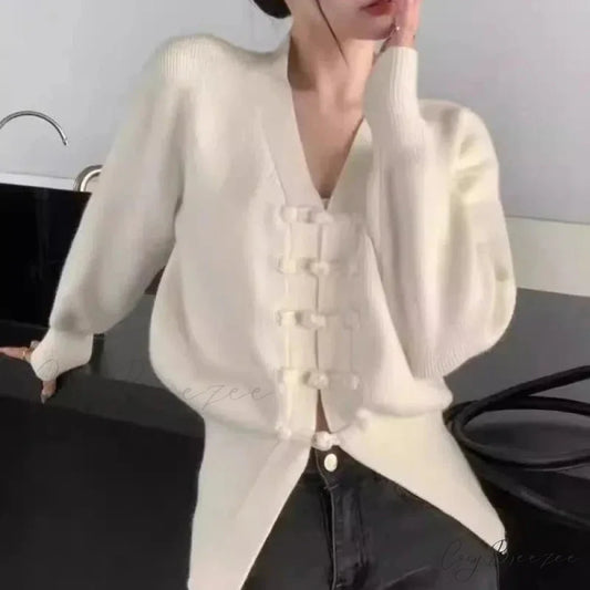 V-neck Buckle Full Sleeve Cardigan WHITE / S cardigans-241228