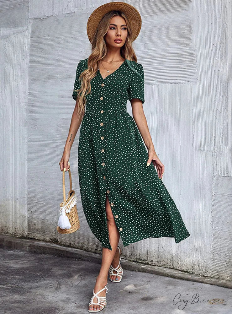 V-Neck Button Dress M / burgundy