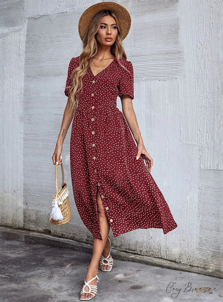 V-Neck Button Dress S / black