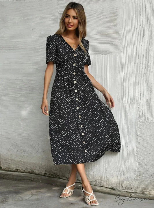 V-Neck Button Dress S / burgundy