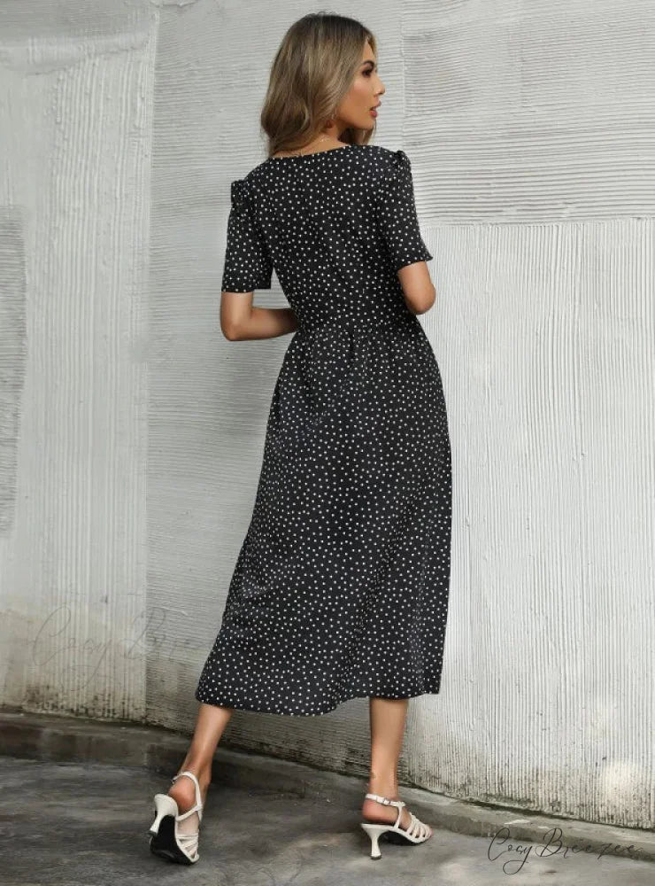 V-Neck Button Dress S / dark green