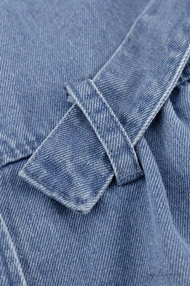 V Neck Button Front Lace Up Denim Dress