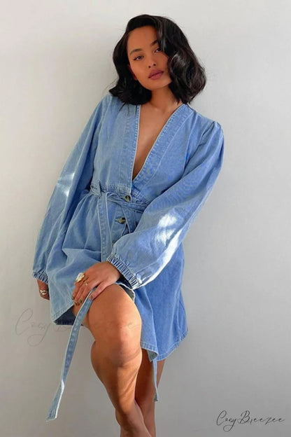 V Neck Button Front Lace Up Denim Dress Blue / L
