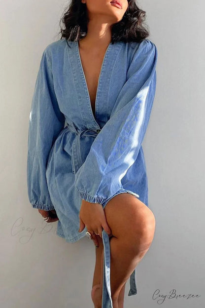 V Neck Button Front Lace Up Denim Dress Blue / M