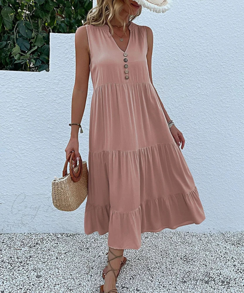 V Neck Button Layered Hem Smock Dress M / Green