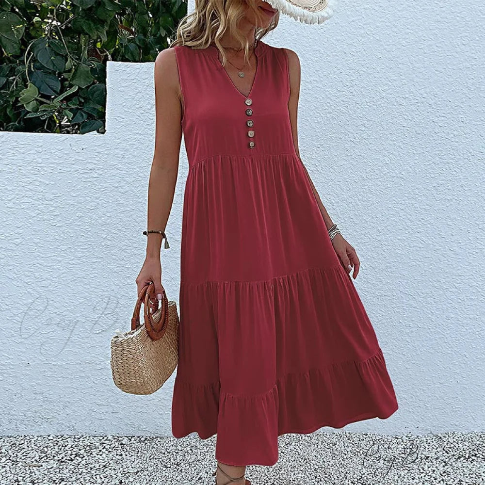 V Neck Button Layered Hem Smock Dress S / Apricot