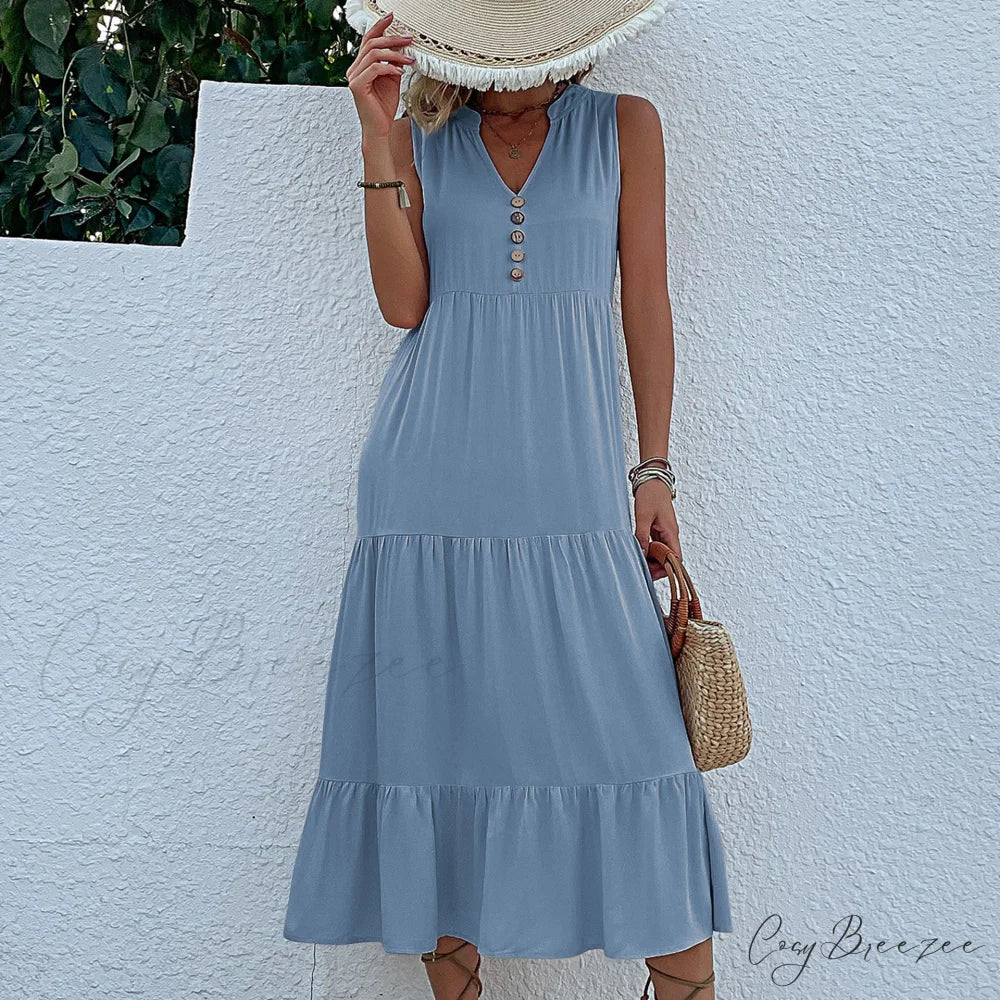 V Neck Button Layered Hem Smock Dress S / Black