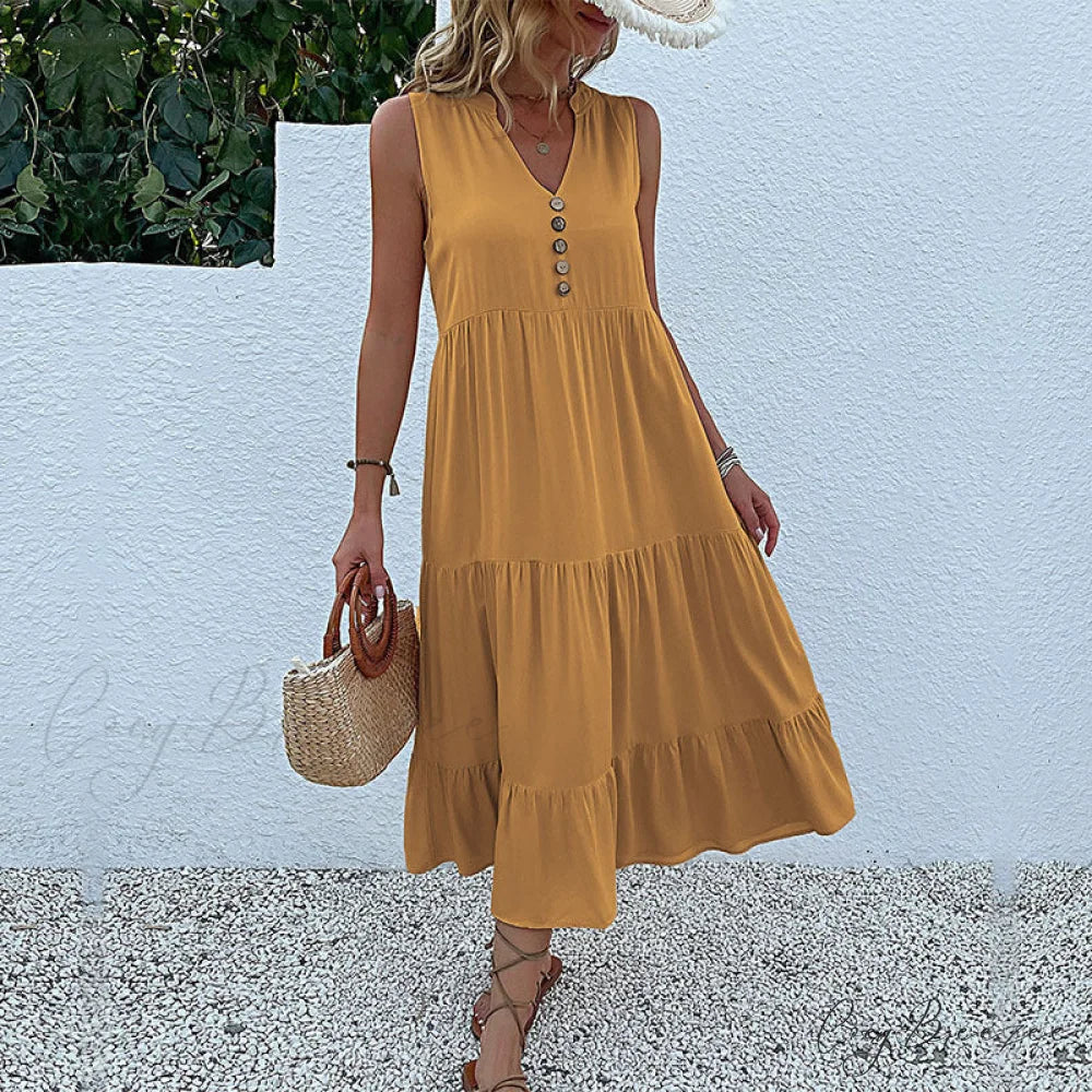 V Neck Button Layered Hem Smock Dress S / Coffee