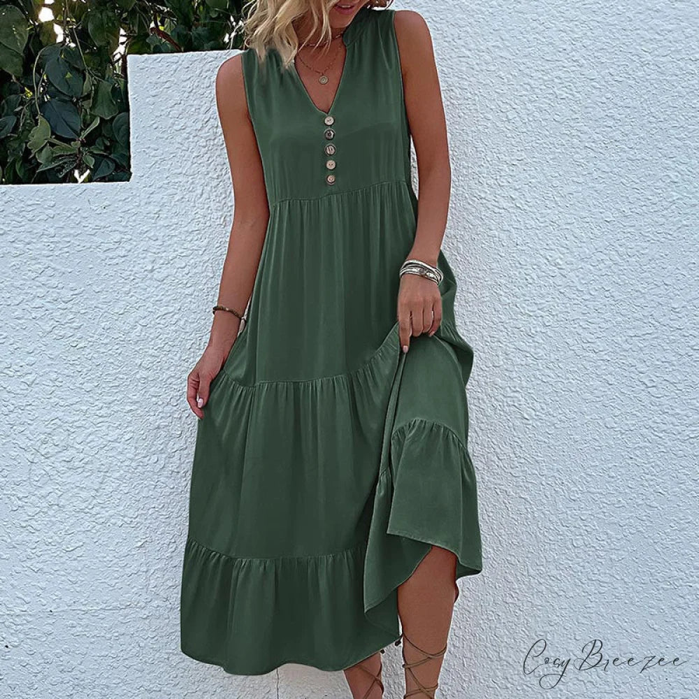 V Neck Button Layered Hem Smock Dress S / Dark Gray