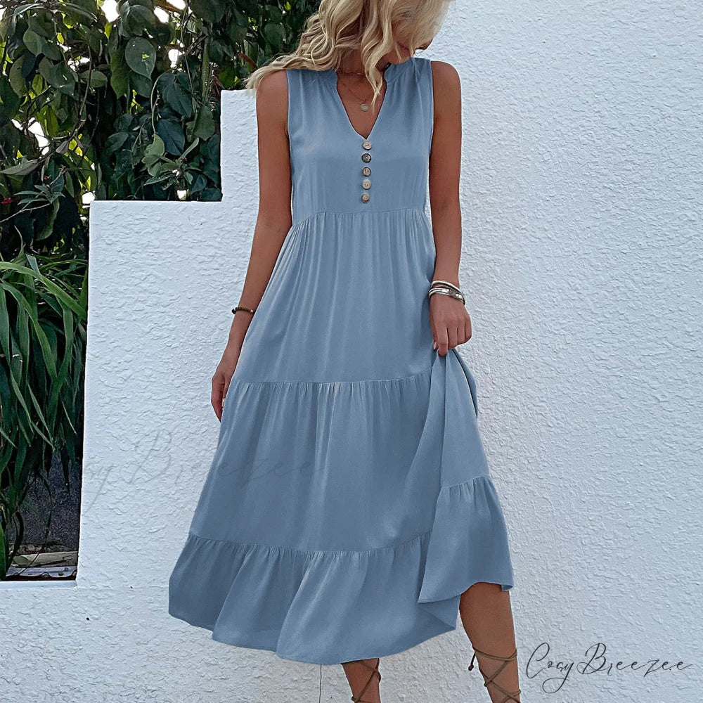 V Neck Button Layered Hem Smock Dress S / Gary
