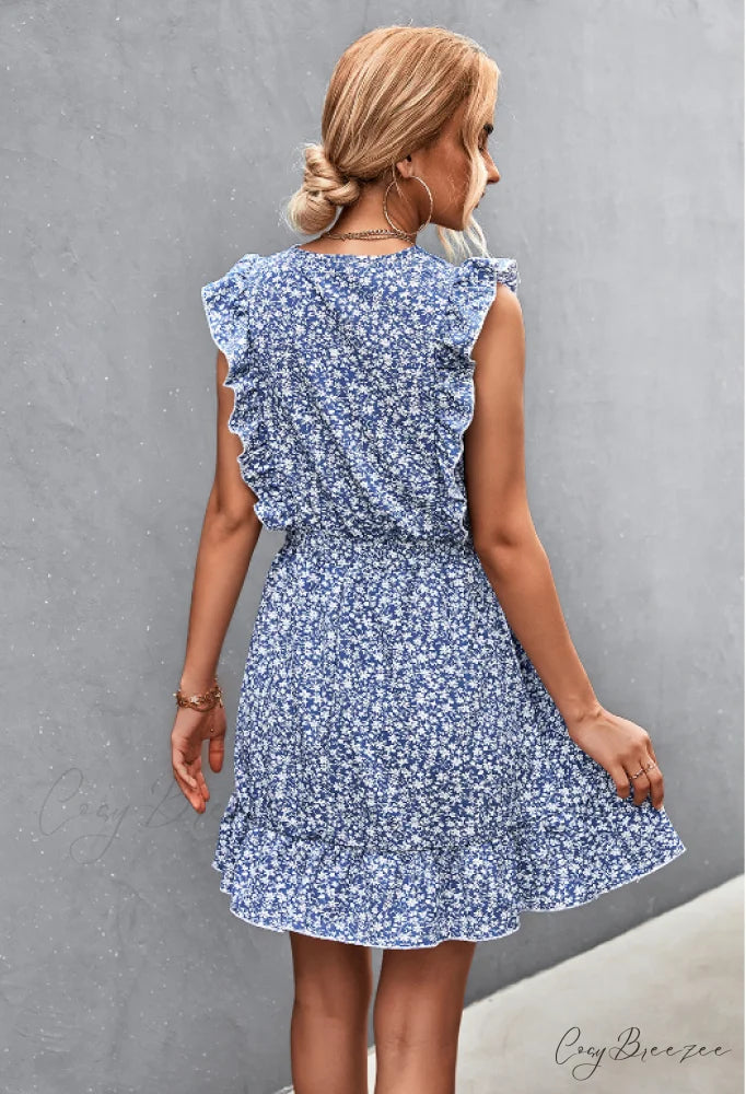 V-Neck Button Lotus Leaf Sleeve Waist Dress