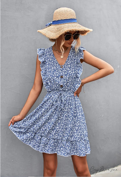V-Neck Button Lotus Leaf Sleeve Waist Dress L / dark blue
