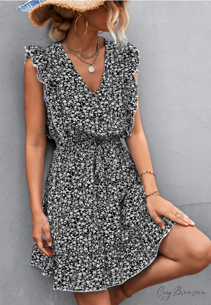 V-Neck Button Lotus Leaf Sleeve Waist Dress M / black