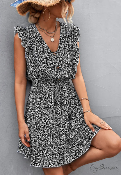 V-Neck Button Lotus Leaf Sleeve Waist Dress M / black