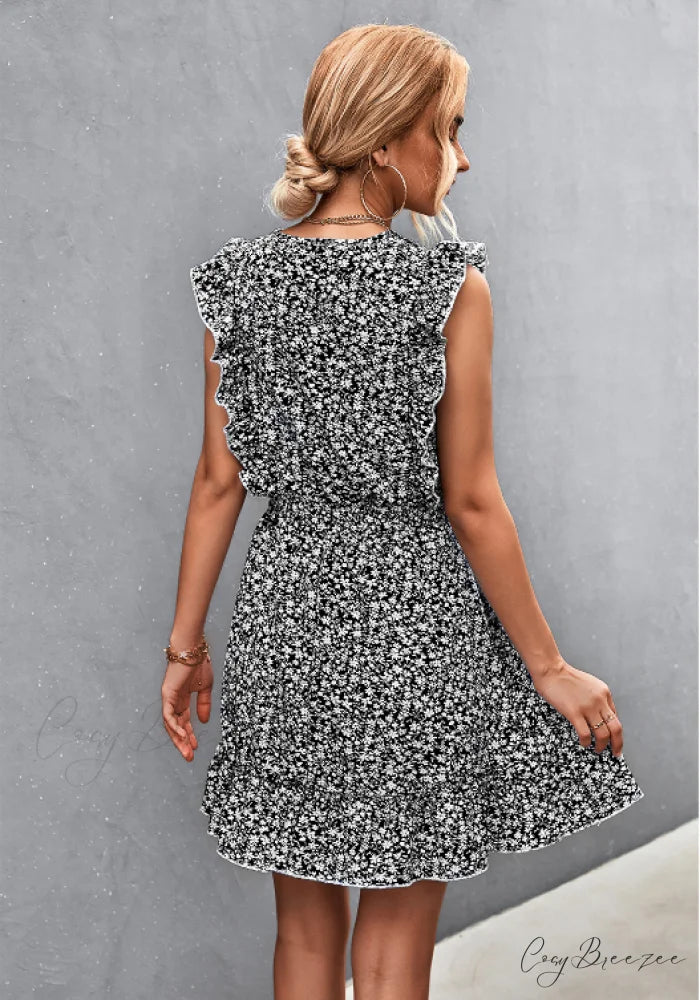 V-Neck Button Lotus Leaf Sleeve Waist Dress M / dark blue