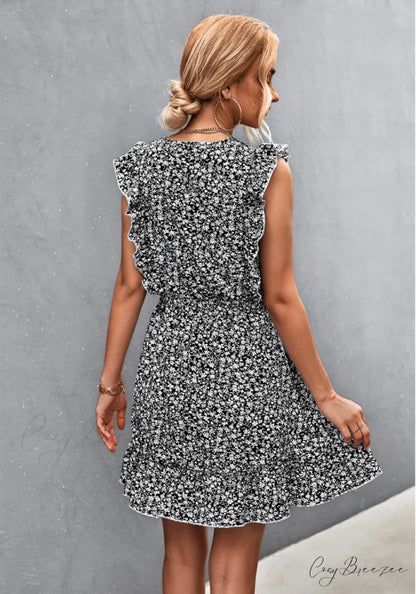 V-Neck Button Lotus Leaf Sleeve Waist Dress M / dark blue