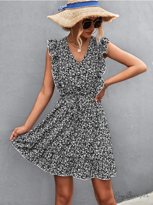 V-Neck Button Lotus Leaf Sleeve Waist Dress S / black