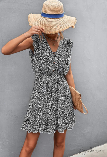 V-Neck Button Lotus Leaf Sleeve Waist Dress S / dark blue