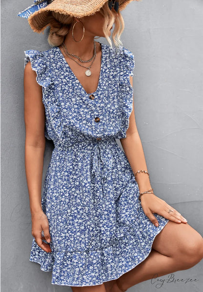 V-Neck Button Lotus Leaf Sleeve Waist Dress XL / dark blue