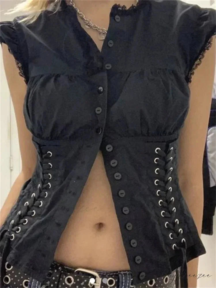 V-neck Button-up Bandage Slim Crop Lace Crop Top blouse-250126