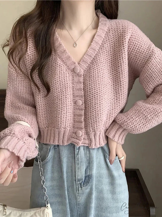 V-neck Button-Up Knit Cardigan cardigans-241228