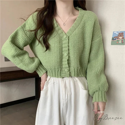 V-neck Button-Up Knit Cardigan GREEN / One Size cardigans-241228