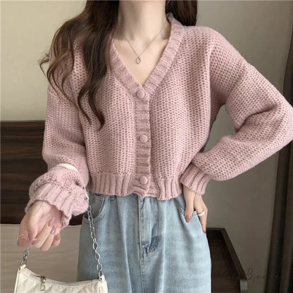 V-neck Button-Up Knit Cardigan PINK / One Size cardigans-241228