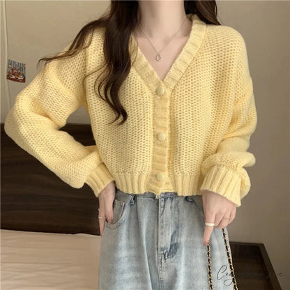 V-neck Button-Up Knit Cardigan YELLOW / One Size cardigans-241228