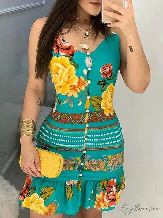 V-neck Buttoned Design Floral Print Dress Floral / S oldfloraldress-250126